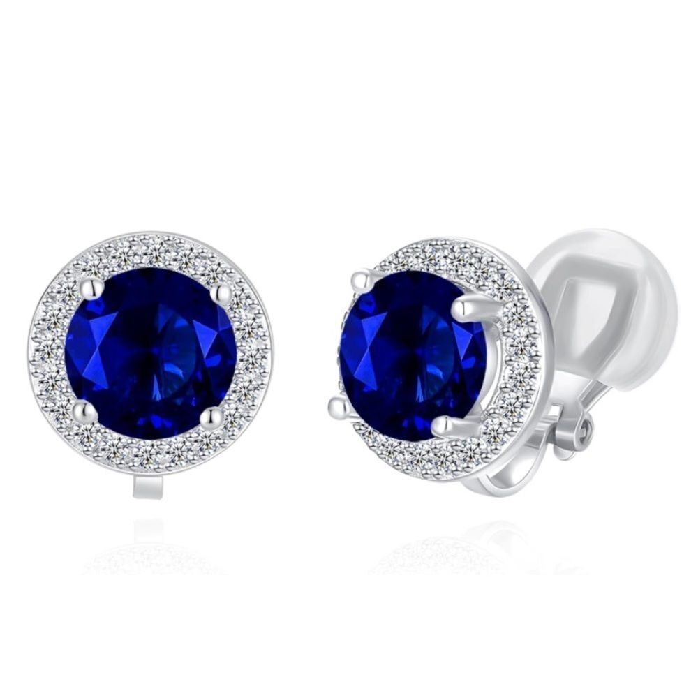 Silver with Blue Sapphire and White Diamond Cubic Zirconia Stud Clip On Earrings